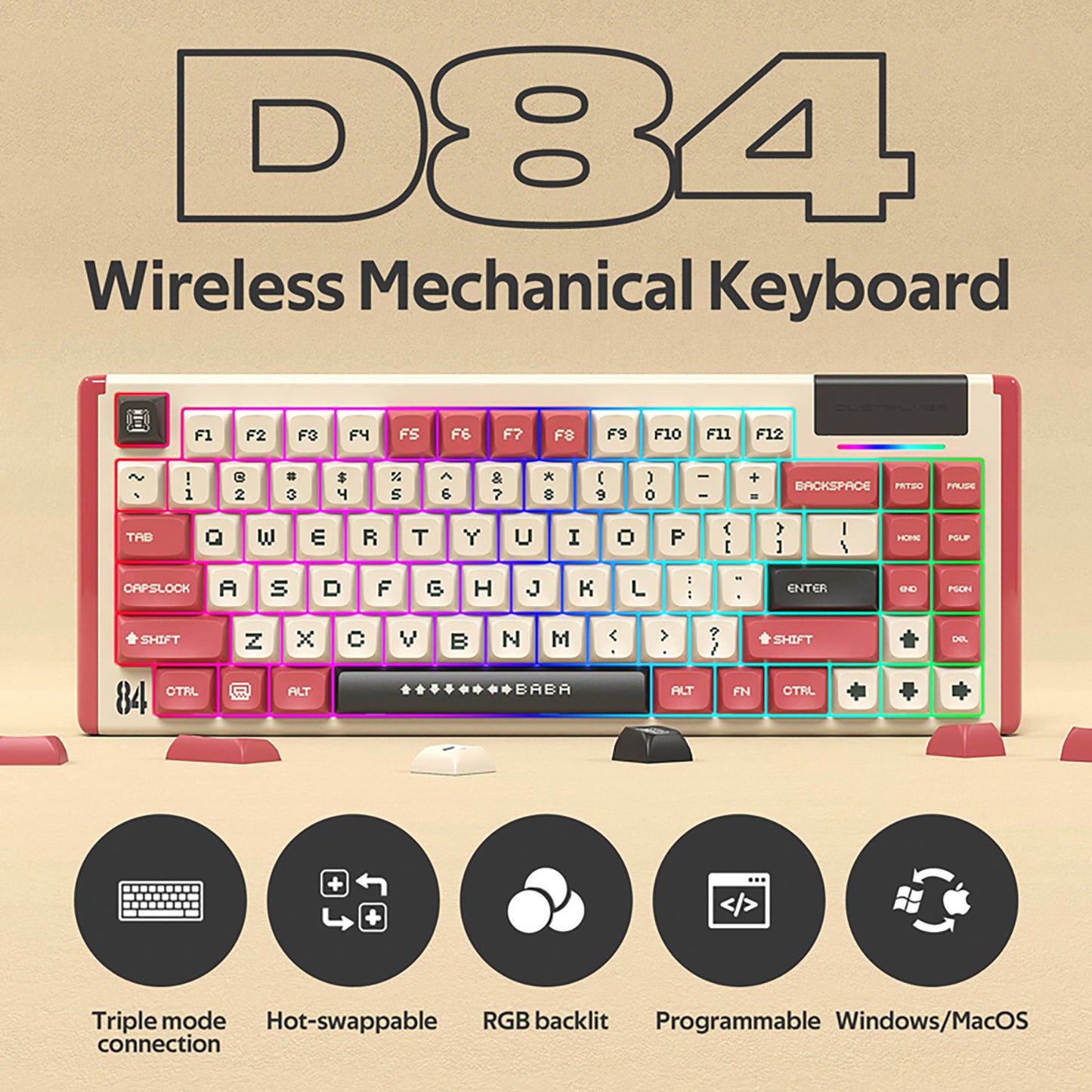 Dustsilver D84 Red & White Hotswap Gaming Keyboard